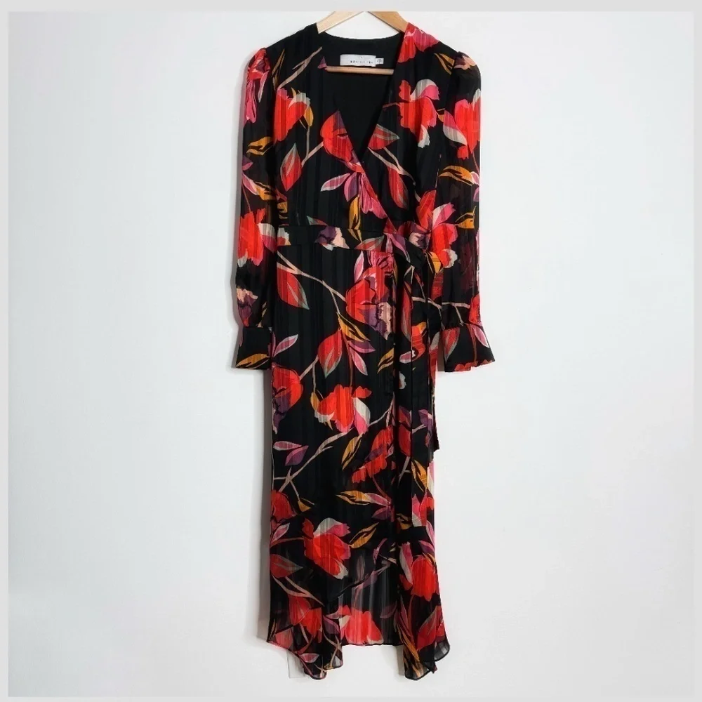 Adelyn Rae Wrap Dress High Low Chiffon Long Sleeve Black Red Print Sheer Sleeve